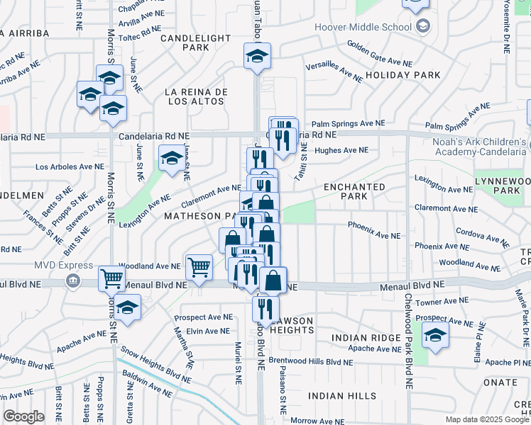 map of restaurants, bars, coffee shops, grocery stores, and more near 2520 Juan Tabo Boulevard Northeast in Albuquerque