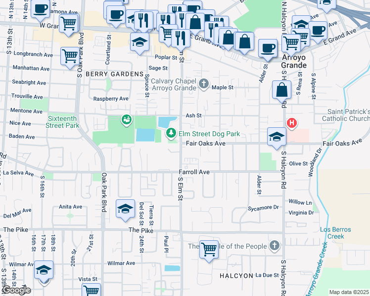 map of restaurants, bars, coffee shops, grocery stores, and more near in Arroyo Grande