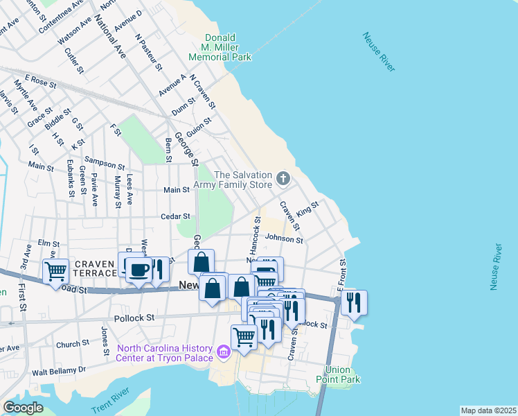 map of restaurants, bars, coffee shops, grocery stores, and more near 622 Hancock Street in New Bern