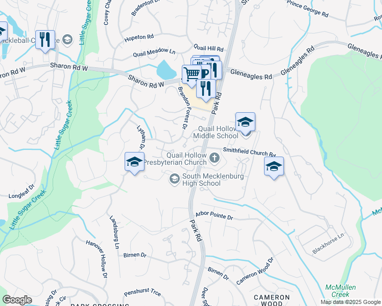 map of restaurants, bars, coffee shops, grocery stores, and more near 8850 Park Road in Charlotte