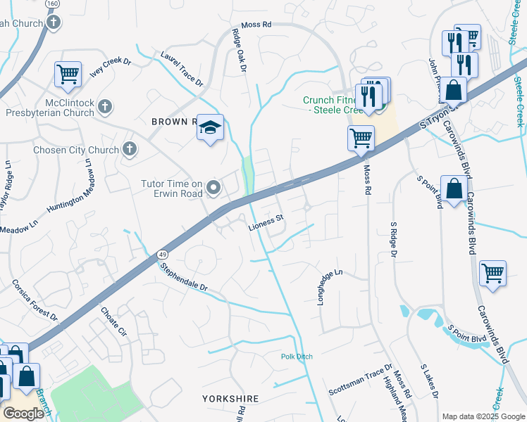 map of restaurants, bars, coffee shops, grocery stores, and more near 11650 Lioness Street in Charlotte