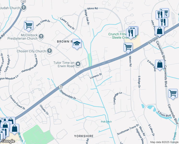 map of restaurants, bars, coffee shops, grocery stores, and more near 13341 Erwin Road in Charlotte