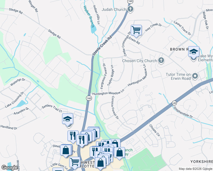 map of restaurants, bars, coffee shops, grocery stores, and more near 15013 Taylor Ridge Lane in Charlotte