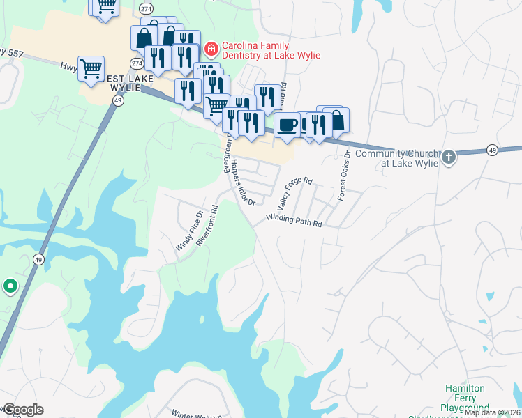 map of restaurants, bars, coffee shops, grocery stores, and more near 1203 Winding Path Road in Lake Wylie