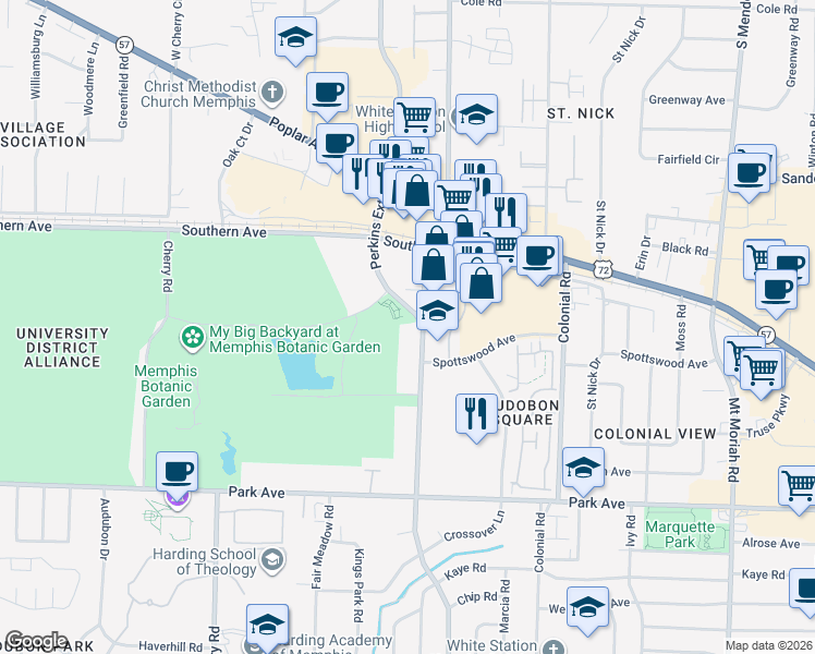 map of restaurants, bars, coffee shops, grocery stores, and more near 707 South Perkins Road in Memphis