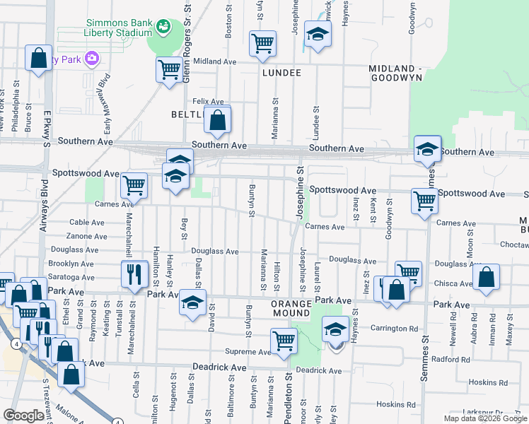 map of restaurants, bars, coffee shops, grocery stores, and more near 2719 Carnes Avenue in Memphis