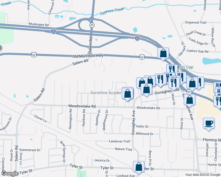 map of restaurants, bars, coffee shops, grocery stores, and more near 2270 Meadowlake Road in Conway