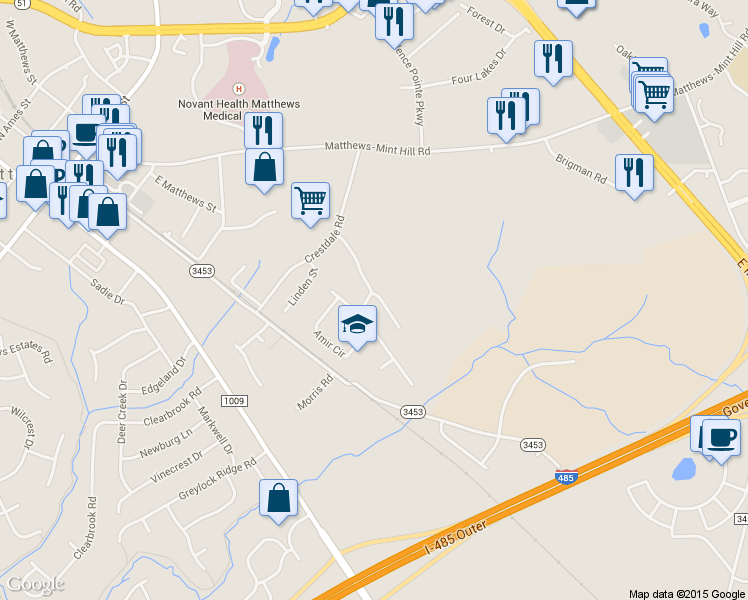 map of restaurants, bars, coffee shops, grocery stores, and more near 839 Matthews School Road in Matthews