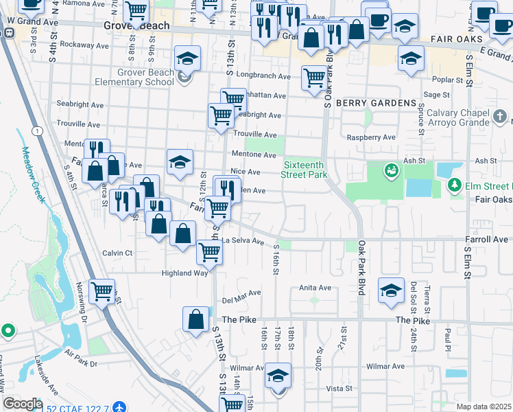map of restaurants, bars, coffee shops, grocery stores, and more near 1483 Farroll Road in Grover Beach