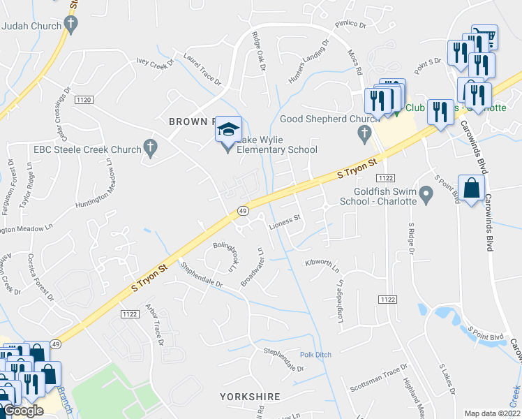 map of restaurants, bars, coffee shops, grocery stores, and more near 11748 Prideland Court in Charlotte