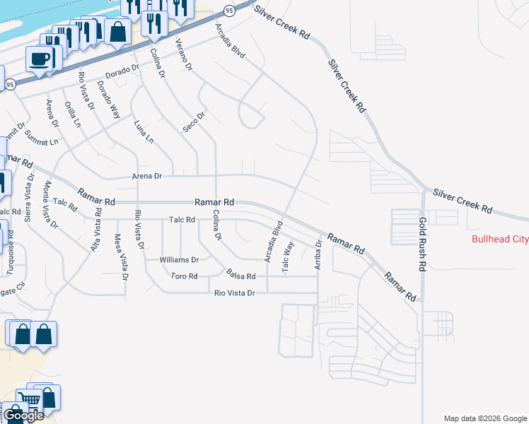 map of restaurants, bars, coffee shops, grocery stores, and more near 1835 Talc Road in Bullhead City