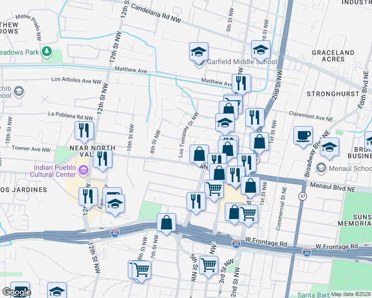 map of restaurants, bars, coffee shops, grocery stores, and more near 611 Woodland Avenue Northwest in Albuquerque