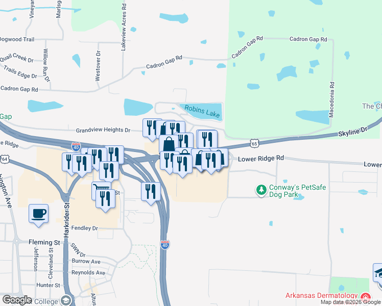 map of restaurants, bars, coffee shops, grocery stores, and more near 500 U.S. 65 in Conway