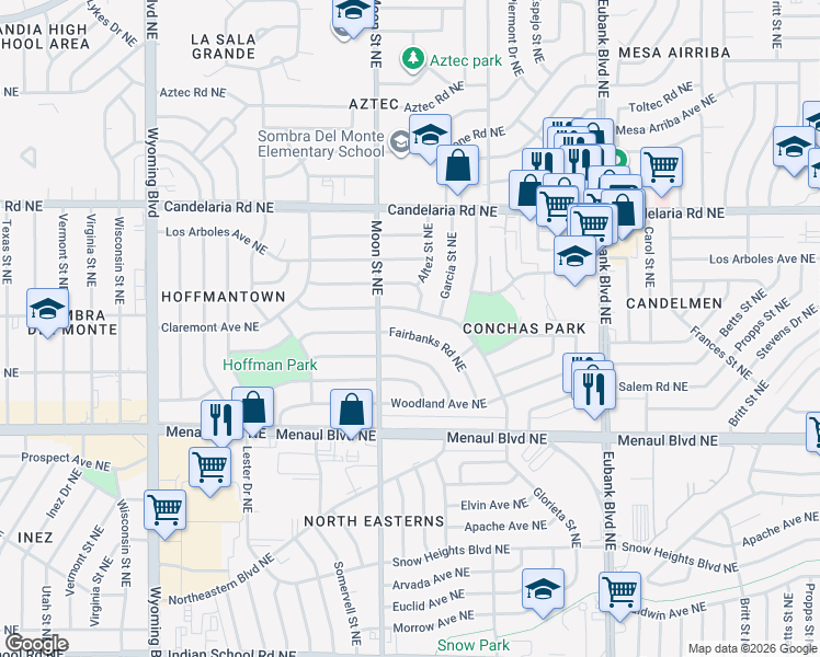 map of restaurants, bars, coffee shops, grocery stores, and more near 9021 Fairbanks Road Northeast in Albuquerque