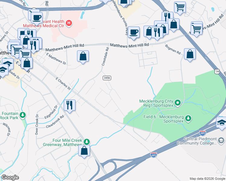 map of restaurants, bars, coffee shops, grocery stores, and more near 839 Matthews School Road in Matthews