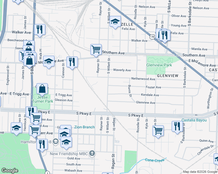 map of restaurants, bars, coffee shops, grocery stores, and more near 1266 South Willett Street in Memphis