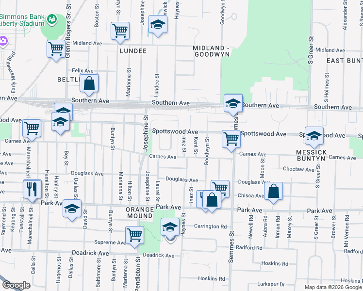 map of restaurants, bars, coffee shops, grocery stores, and more near 740 Inez Street in Memphis