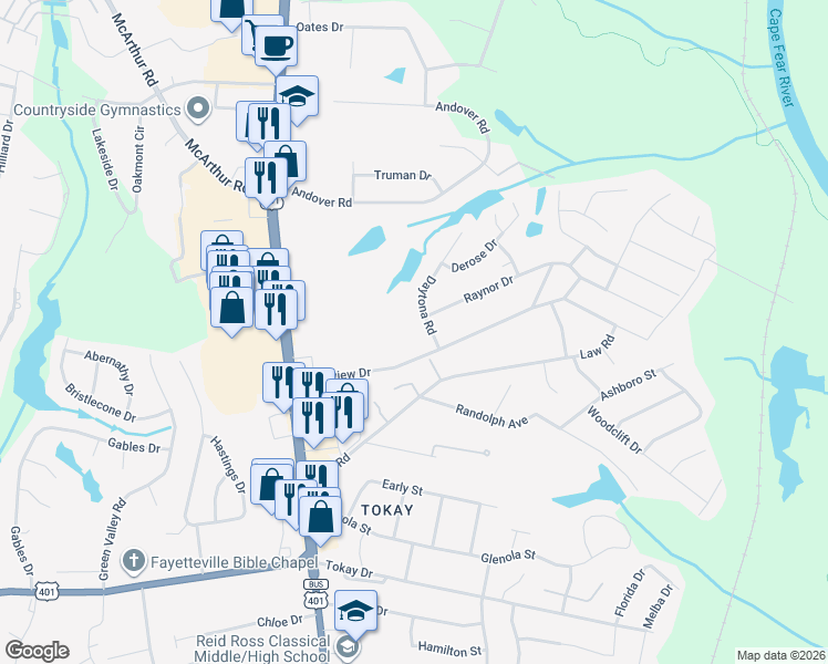 map of restaurants, bars, coffee shops, grocery stores, and more near 313 Longview Drive in Fayetteville