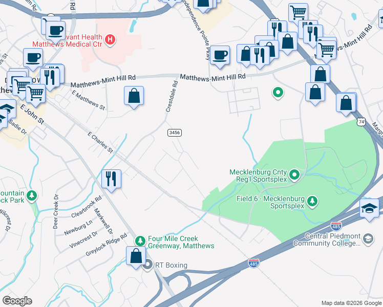 map of restaurants, bars, coffee shops, grocery stores, and more near 1017 Crestdale Crossing Drive in Matthews