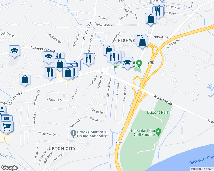 map of restaurants, bars, coffee shops, grocery stores, and more near 3971 Birmingham Drive in Chattanooga