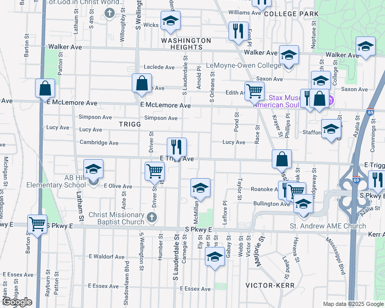 map of restaurants, bars, coffee shops, grocery stores, and more near 588 East Trigg Avenue in Memphis