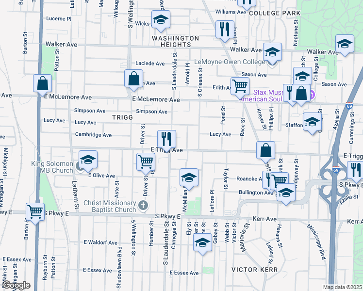 map of restaurants, bars, coffee shops, grocery stores, and more near 588 East Trigg Avenue in Memphis