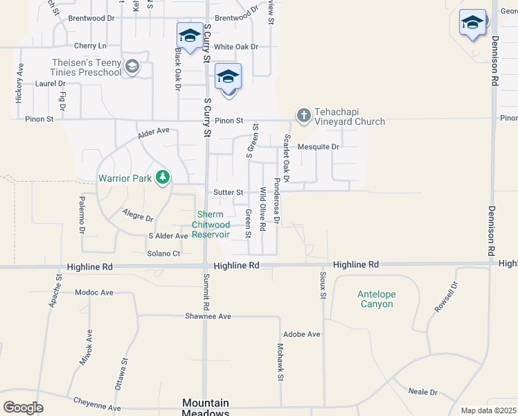 map of restaurants, bars, coffee shops, grocery stores, and more near 1413 Wild Olive Road in Tehachapi