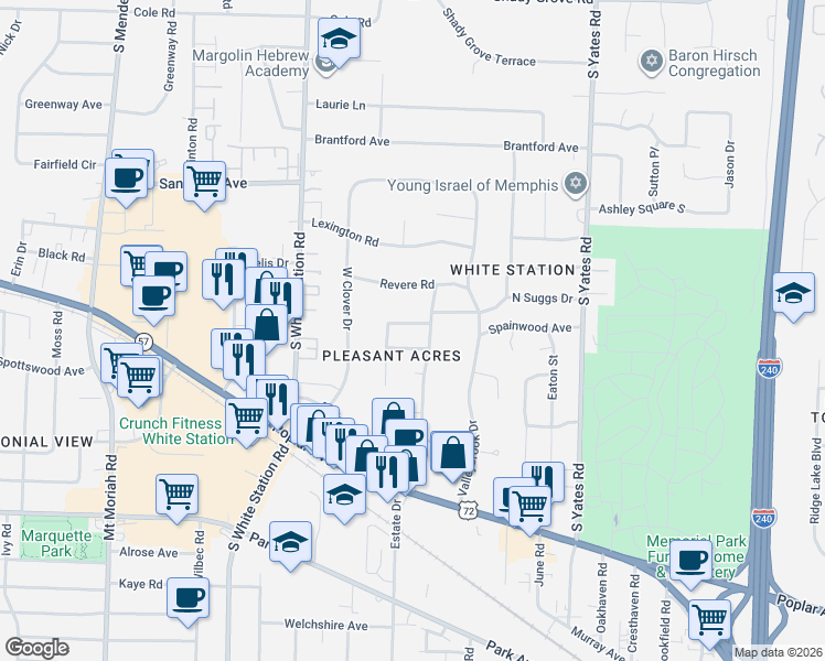 map of restaurants, bars, coffee shops, grocery stores, and more near 687 West Suggs Drive in Memphis