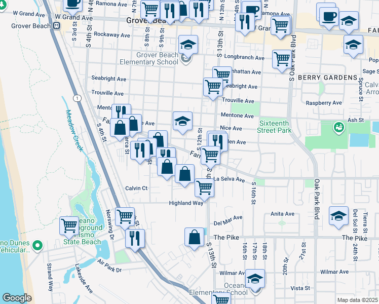 map of restaurants, bars, coffee shops, grocery stores, and more near 1150 Farroll Road in Grover Beach