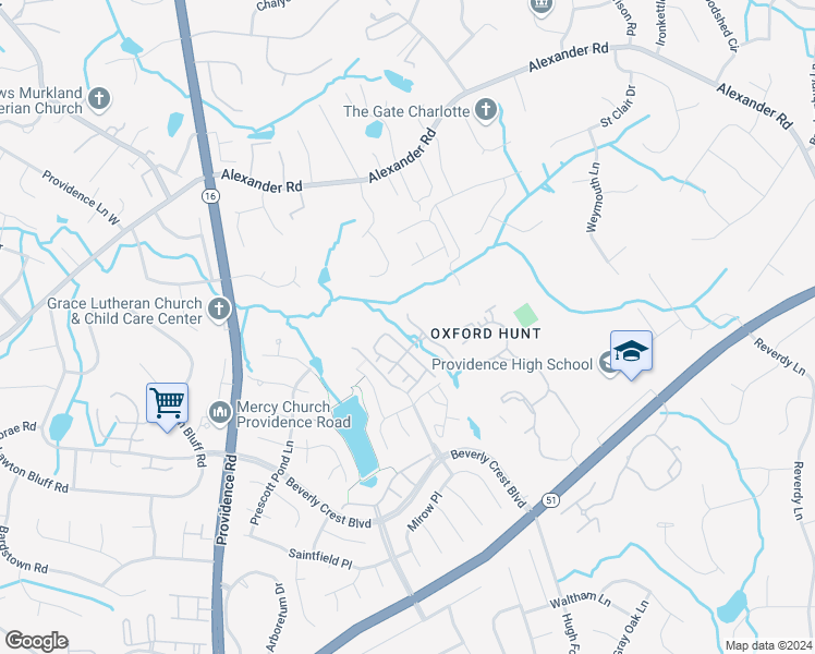 map of restaurants, bars, coffee shops, grocery stores, and more near 6816 Beverly Springs Drive in Charlotte