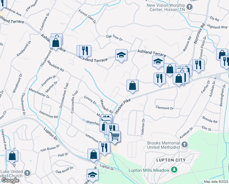 map of restaurants, bars, coffee shops, grocery stores, and more near 3825 Hixson Pike in Chattanooga