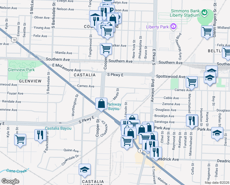 map of restaurants, bars, coffee shops, grocery stores, and more near 1232 Meda Street in Memphis