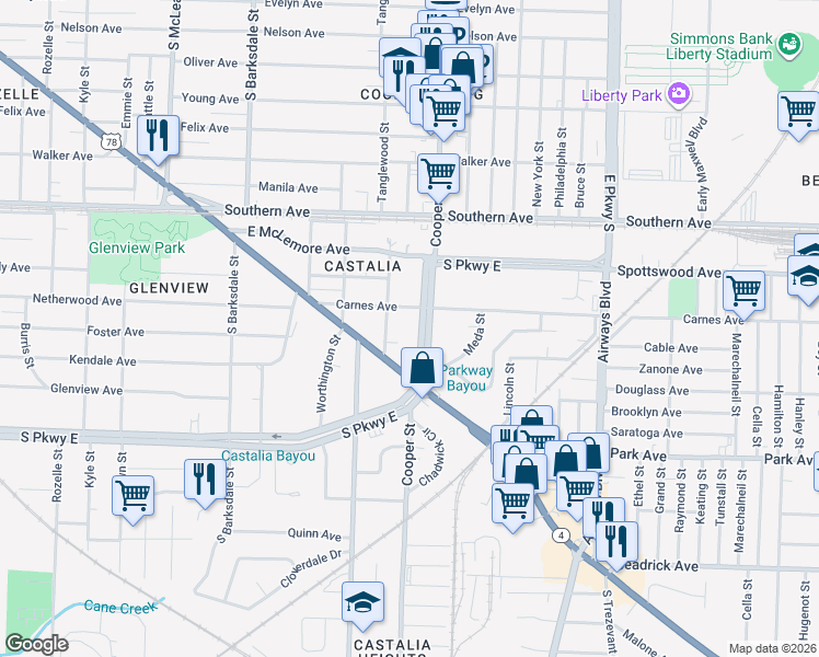 map of restaurants, bars, coffee shops, grocery stores, and more near 1235 East Parkway South in Memphis