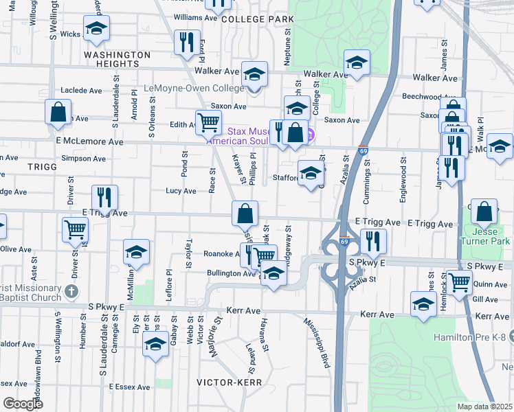 map of restaurants, bars, coffee shops, grocery stores, and more near 842 East Trigg Avenue in Memphis