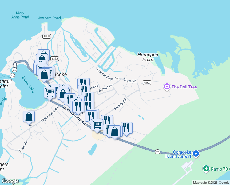 map of restaurants, bars, coffee shops, grocery stores, and more near 175 Sandollar Road in Ocracoke