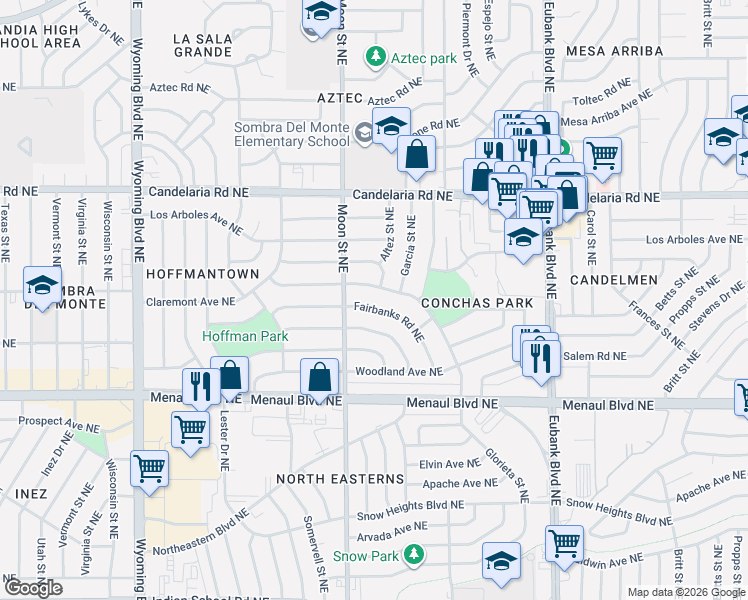 map of restaurants, bars, coffee shops, grocery stores, and more near 9021 Fairbanks Road Northeast in Albuquerque
