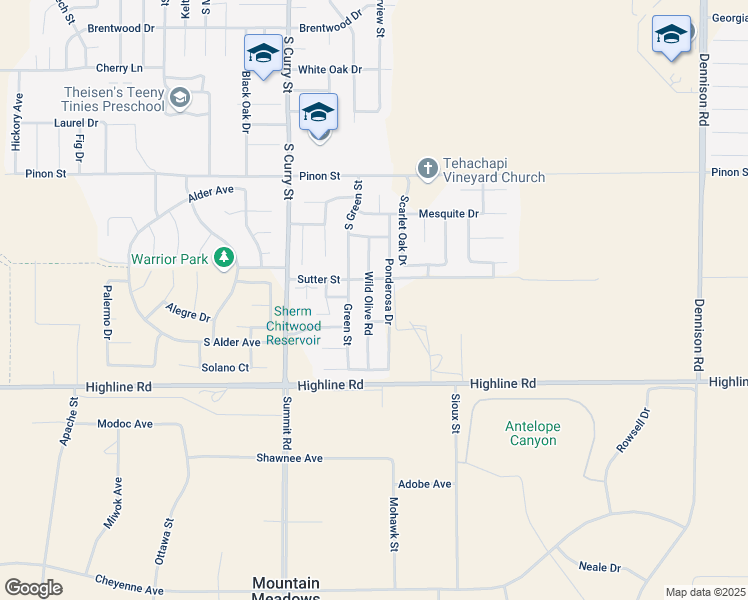 map of restaurants, bars, coffee shops, grocery stores, and more near 1414 Wild Olive Road in Tehachapi