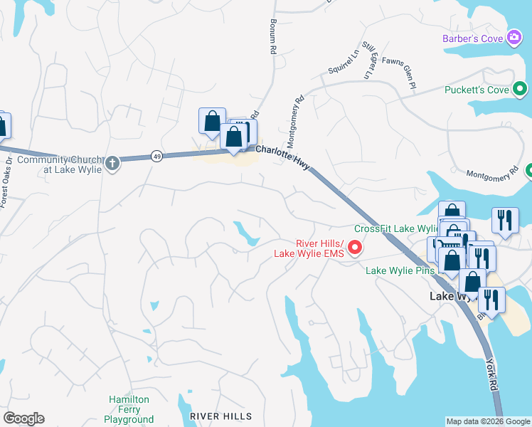 map of restaurants, bars, coffee shops, grocery stores, and more near 2 Lake Ridge Road in Clover
