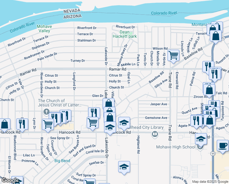 map of restaurants, bars, coffee shops, grocery stores, and more near 1582 Villa Lane in Bullhead City