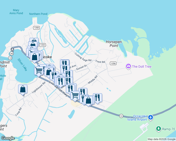 map of restaurants, bars, coffee shops, grocery stores, and more near 175 Sandollar Road in Ocracoke