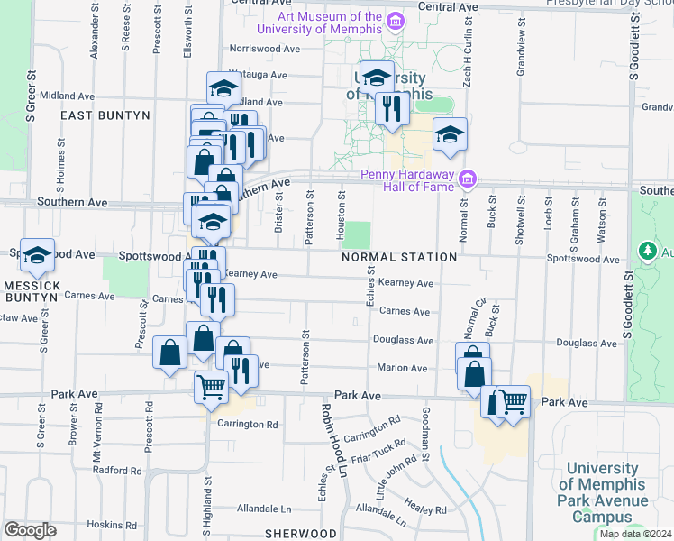 map of restaurants, bars, coffee shops, grocery stores, and more near 3673 Kearney Avenue in Memphis