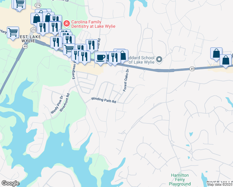 map of restaurants, bars, coffee shops, grocery stores, and more near 268 Autumn Leaf Lane in Clover