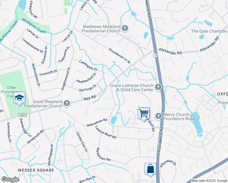 map of restaurants, bars, coffee shops, grocery stores, and more near 6823 Candlewyck Lane in Charlotte