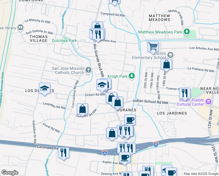 map of restaurants, bars, coffee shops, grocery stores, and more near 2409 Zickert Road Northwest in Albuquerque