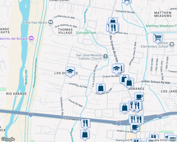 map of restaurants, bars, coffee shops, grocery stores, and more near 2824 Moya Road Northwest in Albuquerque