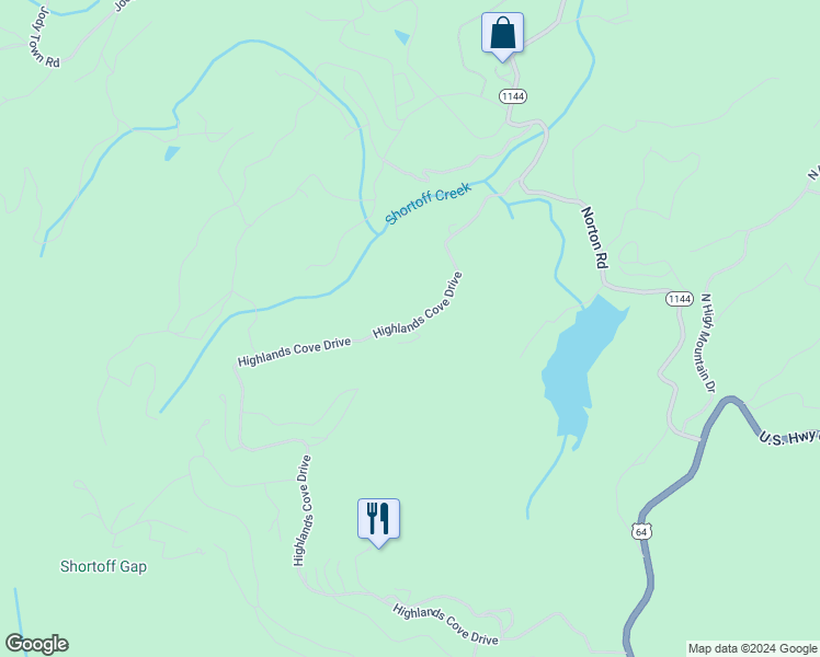 map of restaurants, bars, coffee shops, grocery stores, and more near Highlands Cove Drive in Cashiers
