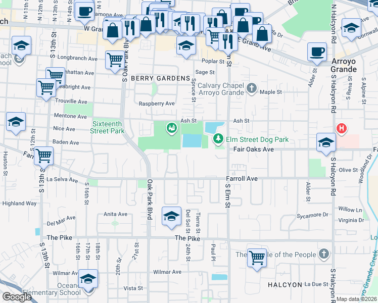map of restaurants, bars, coffee shops, grocery stores, and more near 405 Golden West Place in Arroyo Grande