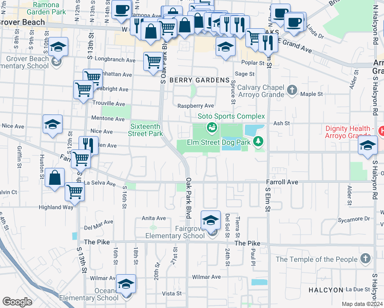 map of restaurants, bars, coffee shops, grocery stores, and more near 1374 Dixson Street in Arroyo Grande