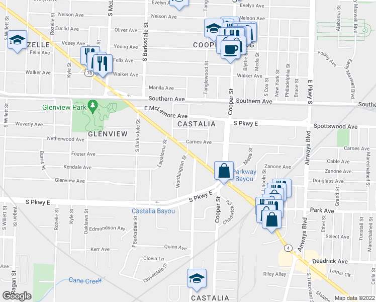 map of restaurants, bars, coffee shops, grocery stores, and more near Lamar Ave & Castalia St in Memphis