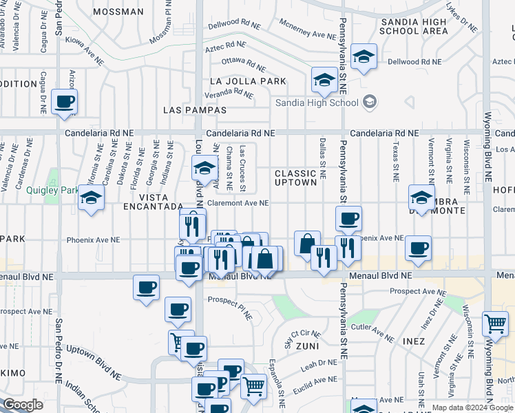 map of restaurants, bars, coffee shops, grocery stores, and more near 2721 Espanola Street Northeast in Albuquerque